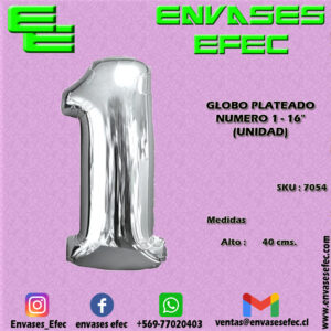 GLOBO PLATEADO NUMERO 1 - 16" (UNIDAD)