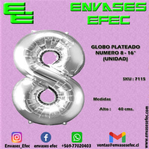 GLOBO PLATEADO NUMERO 8 - 16" (UNIDAD)