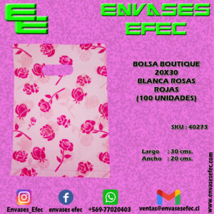 BOLSA BOUTIQUE 20X30 BLANCA ROSAS ROJAS  (100 UNIDADES)