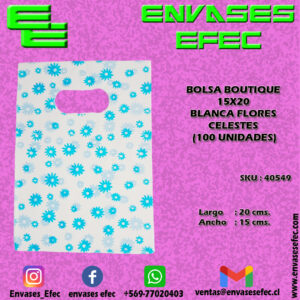 BOLSA BOUTIQUE 15X20 BLANCA FLORES CELESTES (100 UNIDADES)
