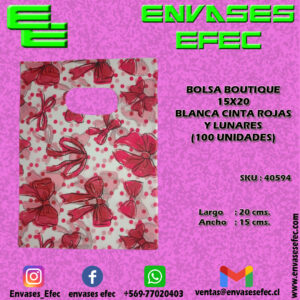 BOLSA BOUTIQUE 15X20 BLANCA CINTA ROJAS Y LUNARES (100 UNIDADES)