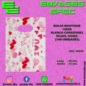 BOLSA BOUTIQUE 15X20 BLANCA CORAZONES ROJOS, KISSES (100 UNIDADES)