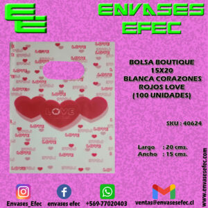 BOLSA BOUTIQUE 15X20 BLANCA CORAZONES ROJOS LOVE (100 UNIDADES)