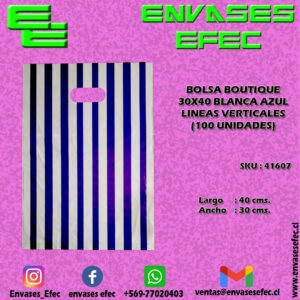 BOLSA BOUTIQUE 30X40 BLANCA AZUL LINEAS VERTICALES (100 UNIDADES)