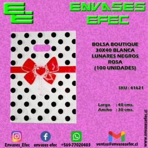BOLSA BOUTIQUE 30X40 BLANCA LUNARES NEGROS ROSA (100 UNIDADES)