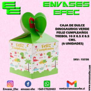 CAJA DE DULCE DINOSAURIOS VERDE FELIZ CUMPLEAÑOS TREBOL 10 X 8.5 X 8.5 CMS (6 UNIDADES)