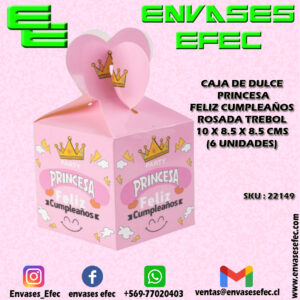 CAJA DE DULCE NCAJA DE DULCE PRINCESA FELIZ CUMPLEAÑOS ROSADA TREBOL 10 X 8.5 X 8.5 CMS (6 UNIDADES)