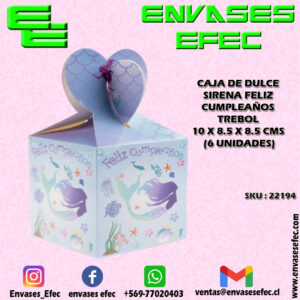 CAJA DE DULCE SIRENA FELIZ CUMPLEAÑOS TREBOL 10 X 8.5 X 8.5 CMS (6 UNIDADES)