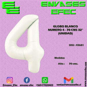 GLOBO BLANCO NUMERO 4 - 70 CMS 32" (UNIDAD)