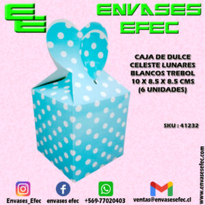CAJA DE DULCE CELESTE LUNARES BLANCOS TREBOL 10 X 8.5 X 8.5 CMS (6 UNIDADES)