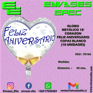 GLOBO METÁLICO 18' CORAZON FELIZ ANIVERSARIO COPAS BLANCO (10 UNIDADES)