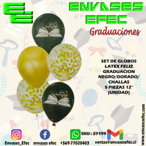 SET DE GLOBOS LATEX FELIZ GRADUACION NEGRO/DORADO/CHALLAS 5 PIEZAS 12" (UNIDAD)