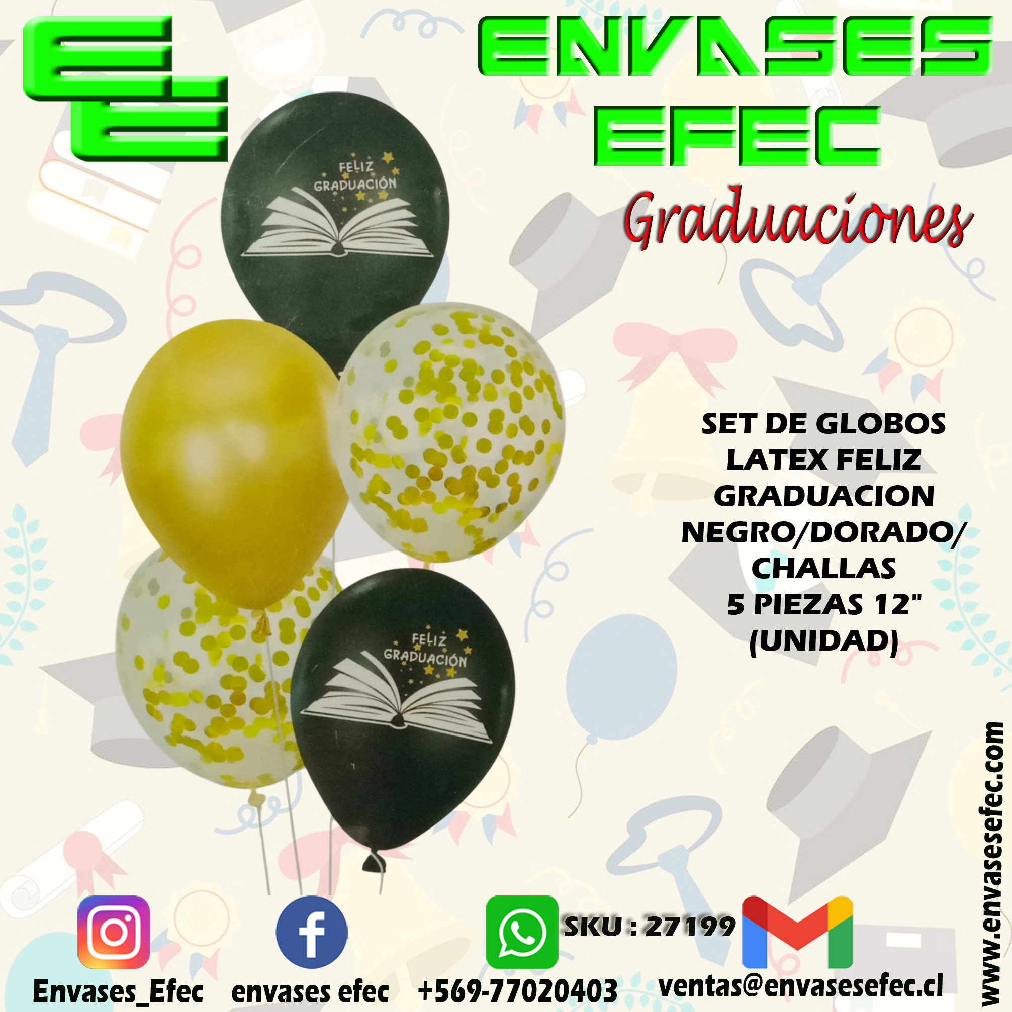 SET DE GLOBOS LATEX FELIZ GRADUACION NEGRO/DORADO/CHALLAS 5 PIEZAS 12" (UNIDAD)