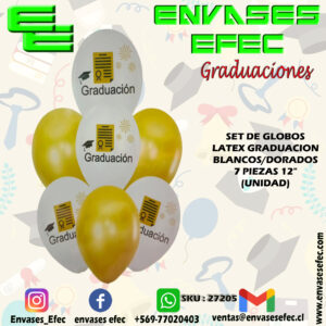 SET DE GLOBOS LATEX GRADUACION BLANCOS/DORADOS 7 PIEZAS 12" (UNIDAD)