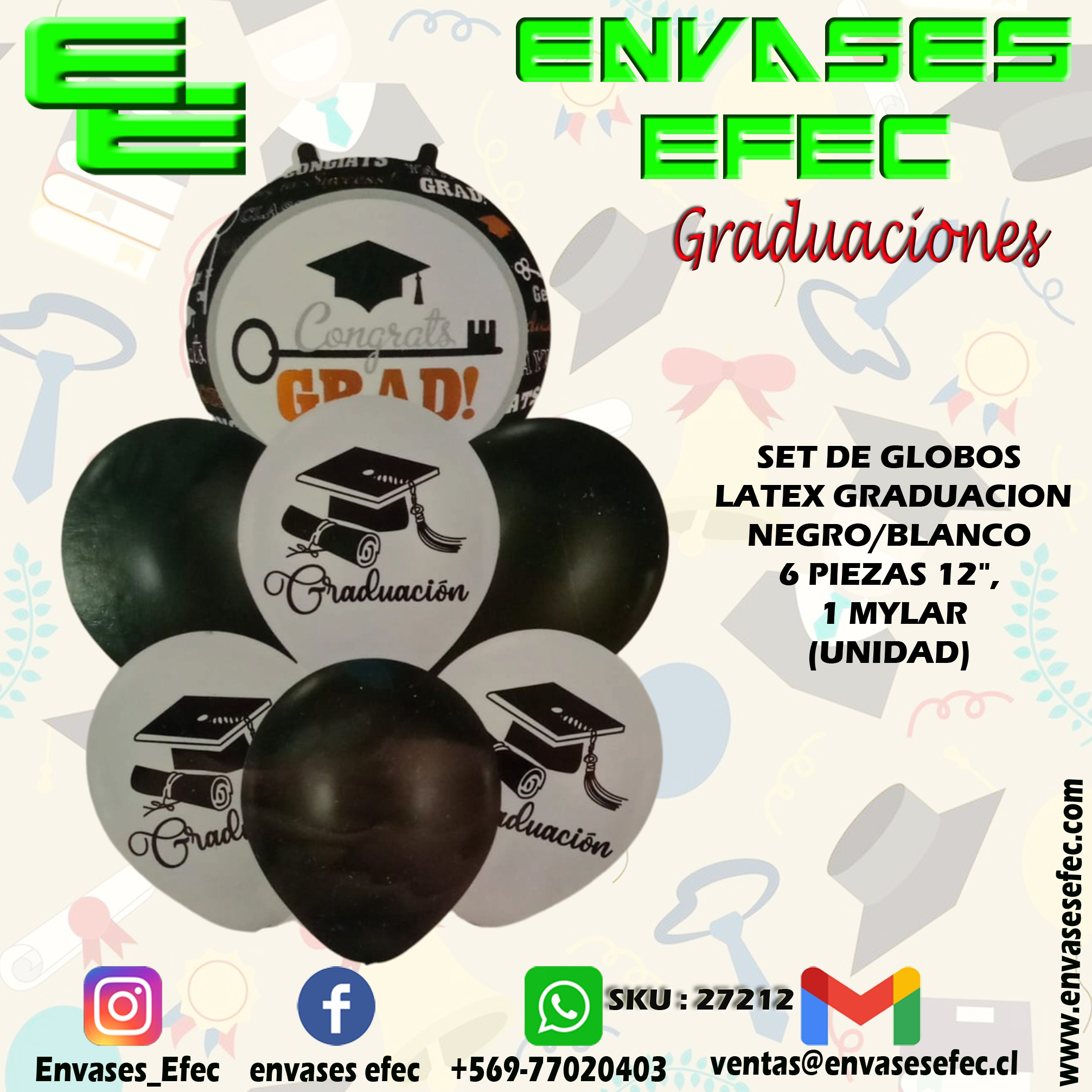 SET DE GLOBOS LATEX GRADUACION NEGRO/BLANCO 6 PIEZAS 12" , 1 MYLAR(UNIDAD)