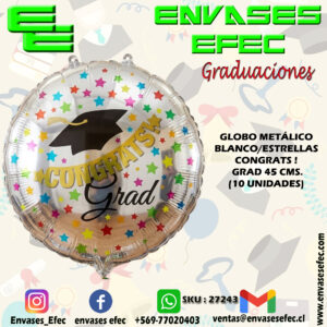 GLOBO METÁLICO BLANCO/ESTRELLAS CONGRATS ! GRAD 45 CMS. (10 UNIDADES)