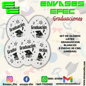 SET DE GLOBOS LATEX GRADUACION BLANCOS 5 PIEZAS 30 CMS. (UNIDAD)