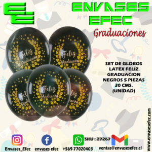 SET DE GLOBOS LATEX FELIZ GRADUACION NEGROS 5 PIEZAS 30 CMS. (UNIDAD)