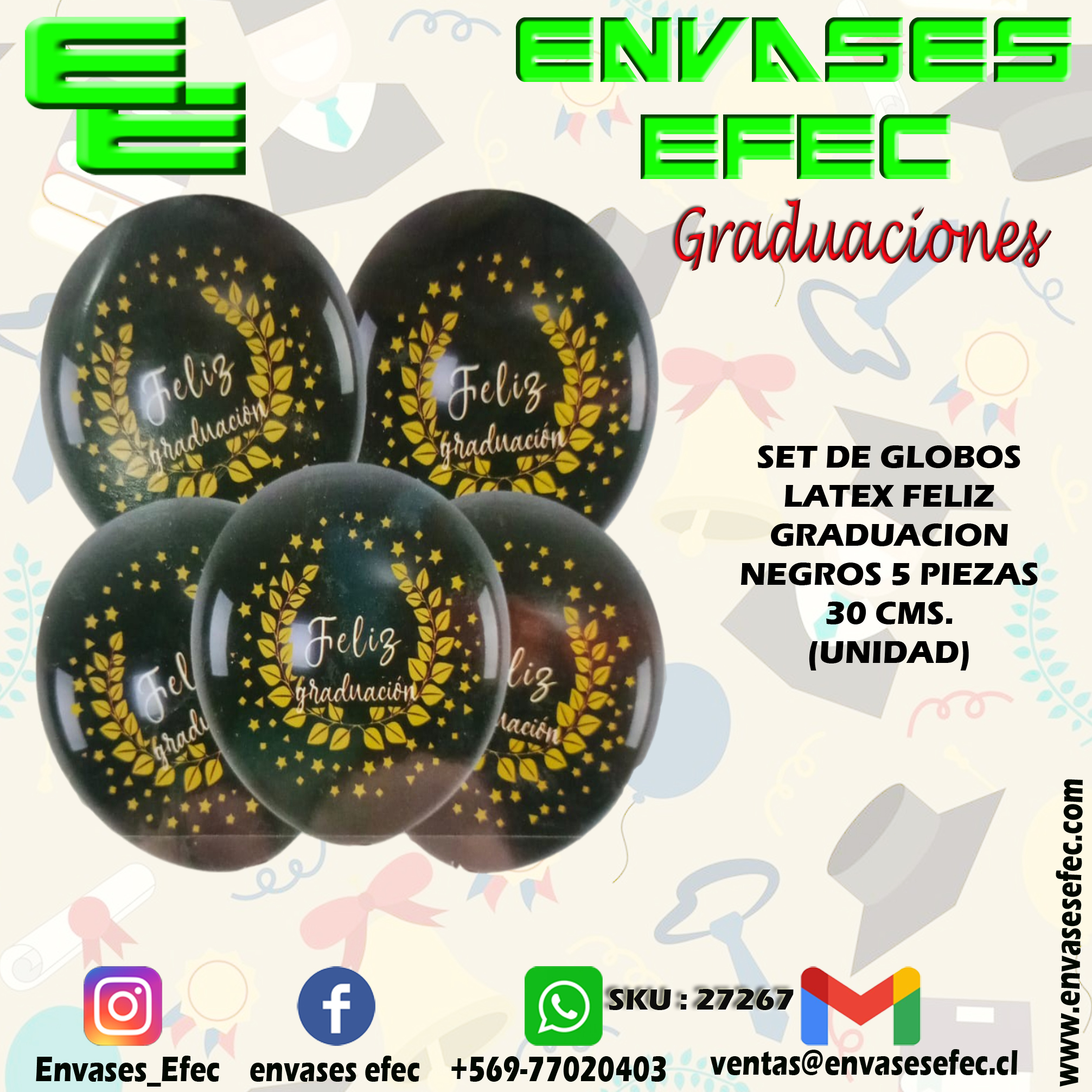 SET DE GLOBOS LATEX FELIZ GRADUACION NEGROS 5 PIEZAS 30 CMS. (UNIDAD)