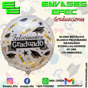 GLOBO METÁLICO BLANCO FELICIDADES GRADUADO ESTRELLAS/GORROS 45 CMS. (10 UNIDADES)