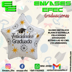 GLOBO METÁLICO BLANCO ESTRELLA FELICIDADES GRADUADO ESTRELLAS 45 CMS. (10 UNIDADES)