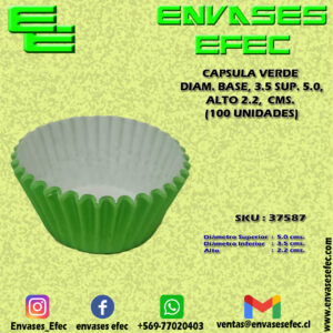 CAPSULA VERDE DIAM. BASE, 3.5 SUP. 5.0, ALTO 2.2,  CMS. (100 UNIDADES)
