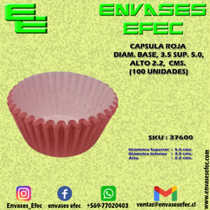 CAPSULA ROJA DIAM. BASE, 3.5 SUP. 5.0, ALTO 2.2,  CMS. (100 UNIDADES)