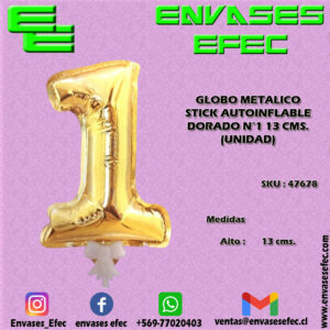 GLOBO METALICO STICK AUTOINFLABLE DORADO N°1 13 CMS. (UNIDAD)