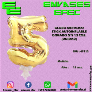 GLOBO METALICO STICK AUTOINFLABLE DORADO N°5 13 CMS. (UNIDAD)
