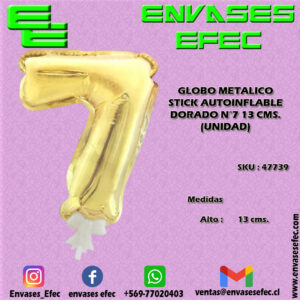 GLOBO METALICO STICK AUTOINFLABLE DORADO N°7 13 CMS. (UNIDAD)