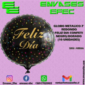 GLOBO METALICO 7' REDONDO FELIZ DIA CONFETI NEGRO/DORADO (10 UNIDADES)